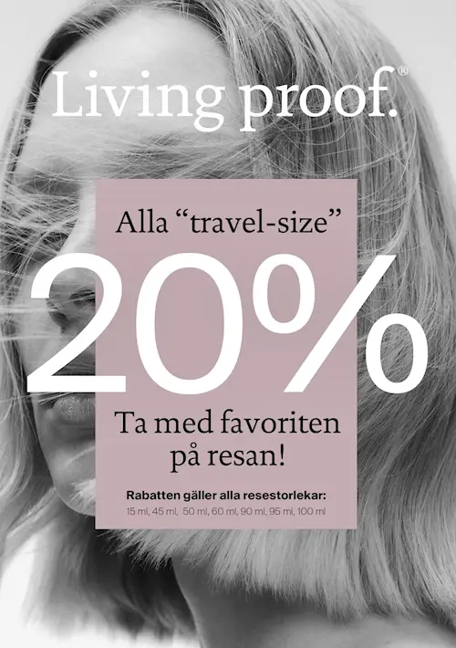 SKYLT "20% PÅ ALLA TRAVEL-SIZE"